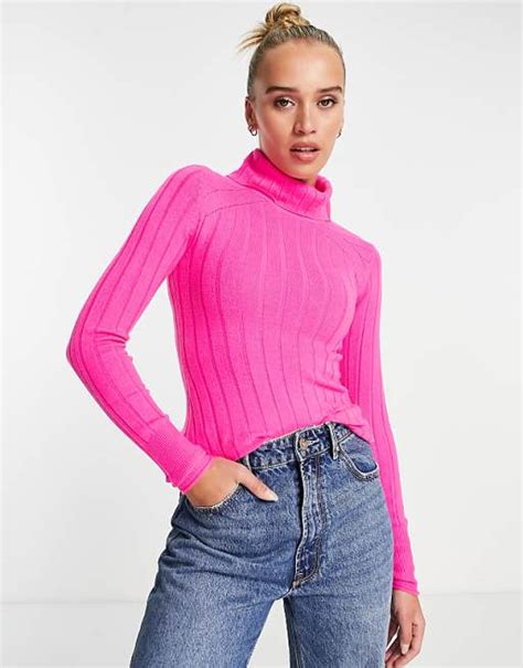 River Island Wide Rib Roll Neck Sweater In Pink Asos