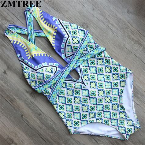 Zmtree Brand 2017 Sexy One Piece Swimsuit Printed Bandage High Waist