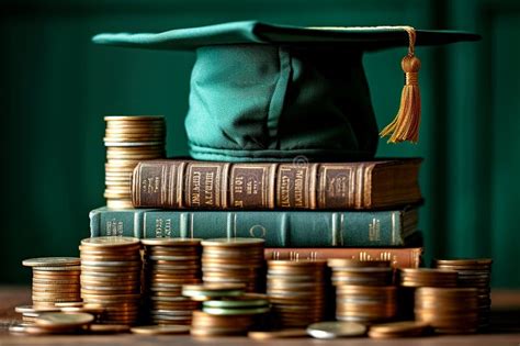 Green Graduation Cap With Books And Coins Money For College And