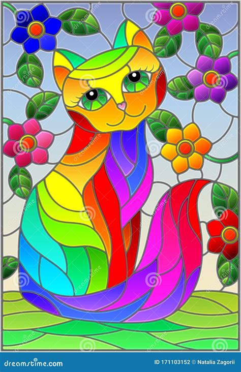 Stained Glass Illustration With A Rainbow Cute Cat On A Background Of Meadows Bright Flowers