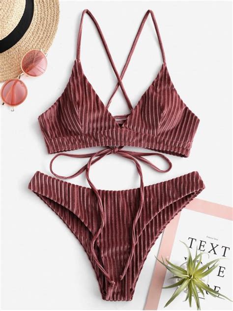 Off Zaful Velvet Ribbed Lace Up Bikini Set In Lipstick Pink