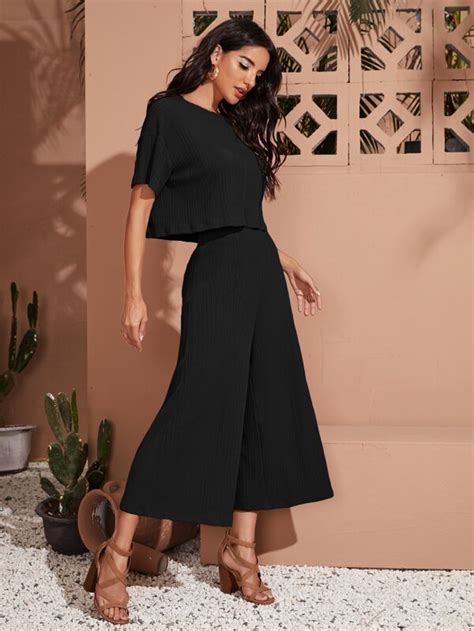 SHEIN LUNE Drop Shoulder Crop Tee Wide Leg Pants Set SHEIN USA