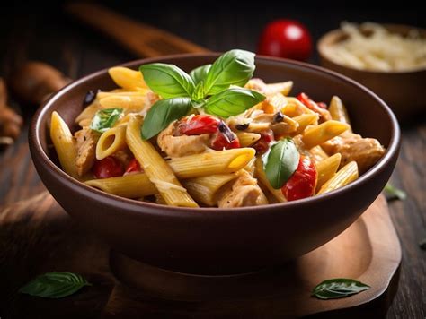 Premium AI Image A Bowl Of Penne Pasta With Chicken In It