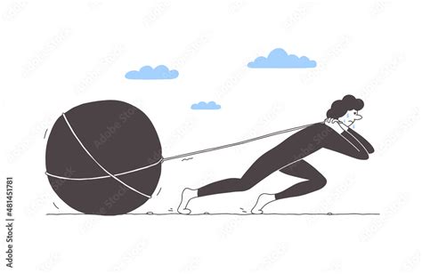 Cartoon Character Pulling Big Stone On Rope Unhappy Man With Sweat