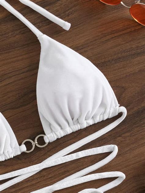 Costume Da Bagno Bikini A Triangolo Perizoma Anello Collegato Micro