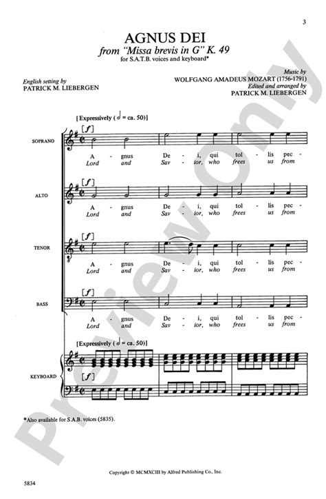 Agnus Dei From Missa Brevis In G Satb Choral Octavo Wolfgang Amadeus Mozart Digital Sheet