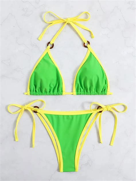 Shein Swim Conjunto De Bikini De Tri Ngulo Halter Con Detalle De Anillo