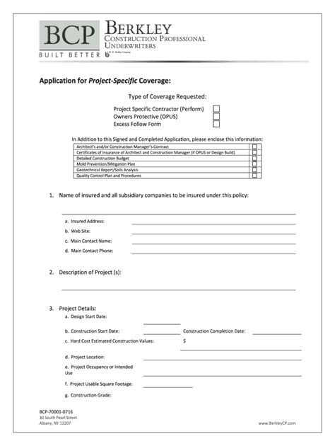 Fillable Online Application For Project Specific Coverage Berkley