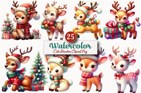 Watercolor Cute Reindeer Clipart PNG Graphic by designhome · Creative ...