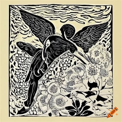 Detailed Linocut Artwork Of A Male Falling Angel Surrounded By Flowers