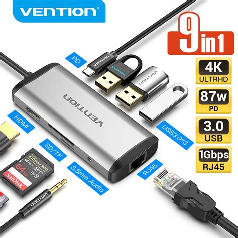 Vention อะแดปเตอร์ฮับ Usb C 9 In 1 พร้อมที่ชาร์จ 4k Hdmi Pd Gigabit Ethernet 3 Usb 30 Sd Tf