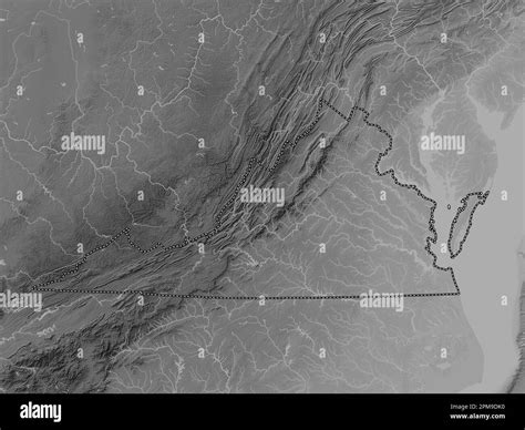 Virginia State Of United States Of America Grayscale Elevation Map With Lakes And Rivers Stock