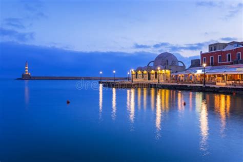 Old Venetian Port of Chania on Crete at Night Stock Image - Image of ...