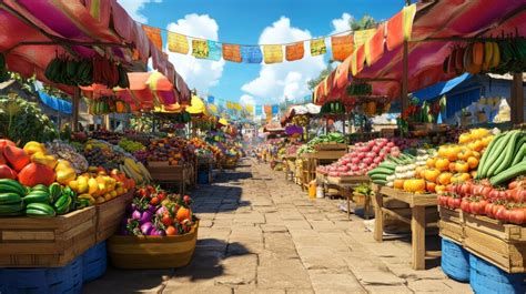 vibrant street market  colorful fruits  vegetables  wooden