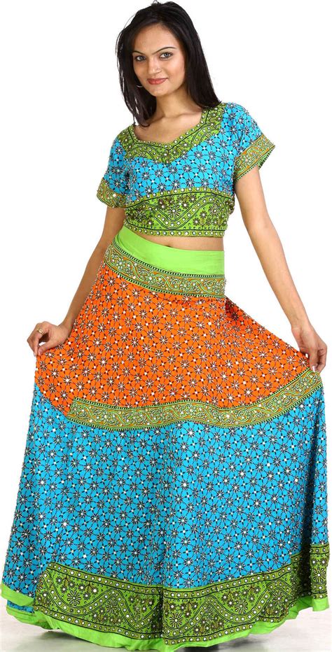 Tri Color Two Piece Ghagra Choli From Kutch With All Over Beadwork And