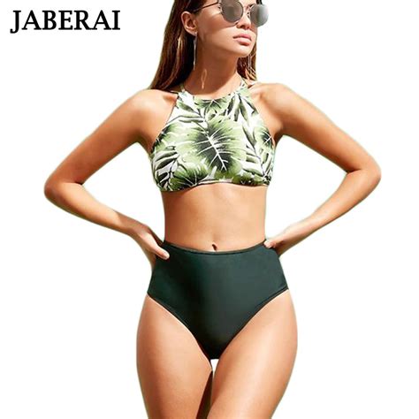 Jaberai Green Print High Neck Bikini Set Push Up Swimwear Women