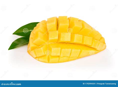 Closeup Ripe Mango Tropical Fruit Slice Isolated On White Background