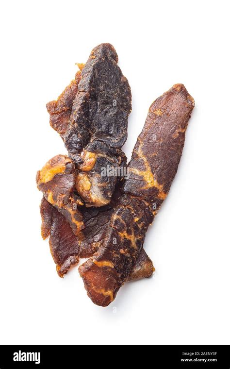 Beef Jerky Pieces Dried Beef Meat Isolated On White Background Stock