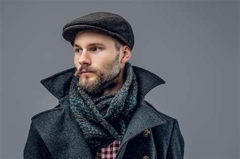 Free Photo Portrait Of Bearded Male Dressed In A Grey Jacket And A