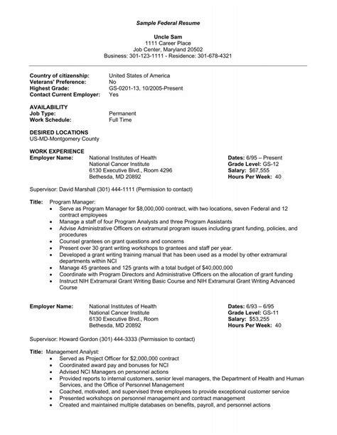 Sample Federal Resume National Institutes Of Health