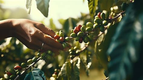 Harvesting Coffee Berries By Agriculturist Hands Female Farmer Hand