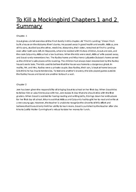 To Kill a Mockingbird: Summary of Chapters 1 & 2 - Studocu