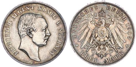 Sachsen Deutsches Kaiserreich 3 Mark 1909 E Sachsen Friedrich