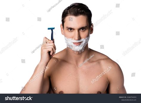 Smiling Man Naked Chest Holding Safety Stock Photo Shutterstock