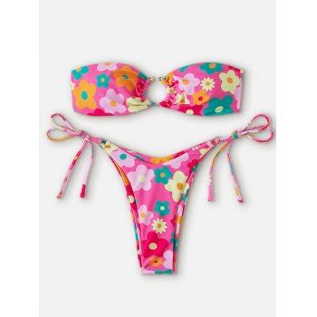 Summer Flower Strapless Bikini Set Pink S In Bikini Sets Online