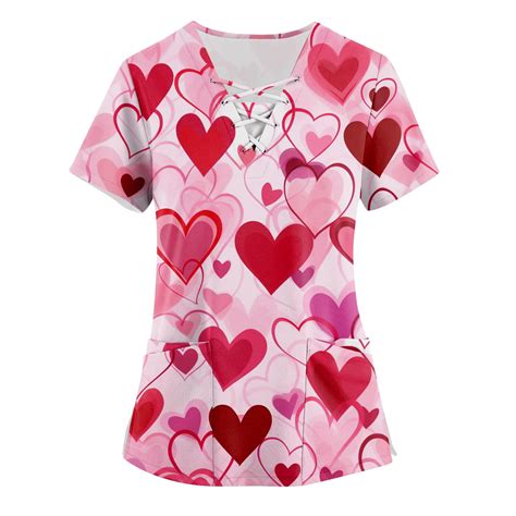 Susanny Valentines Day Scrubs Tops For Women Red Heart Print With