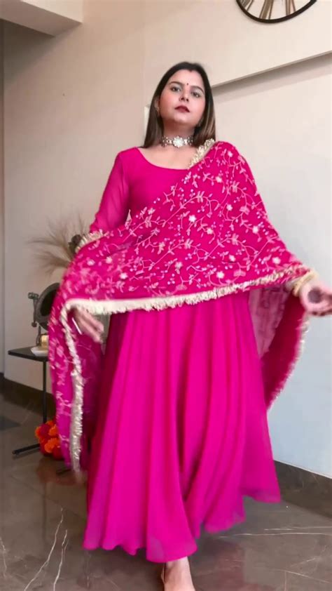 Rani Pink Faux Georgette Plain Gown With Dupatta Pinksaree