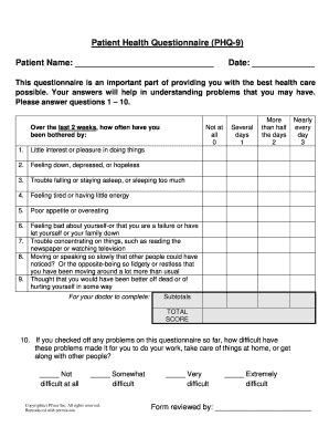 Phq 9 Patient Health Questionnaire Printable