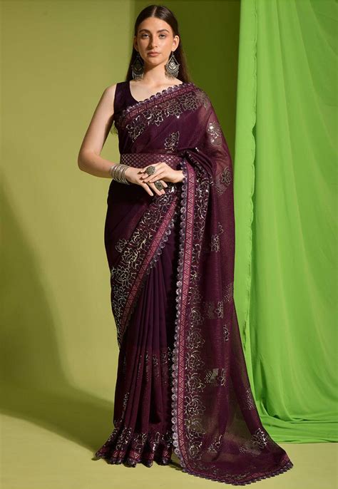 Buy Sequinned Georgette Saree In Wine Online SKGA1816 Utsav Fashion