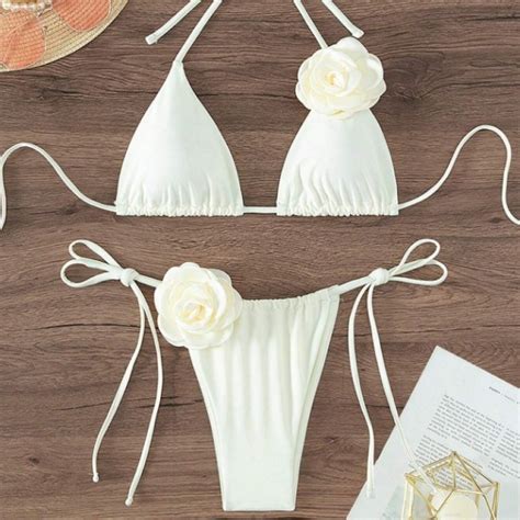 Women S Solid Rose Drawstring Strap Split Swimsuit Bikini Shopee Philippines