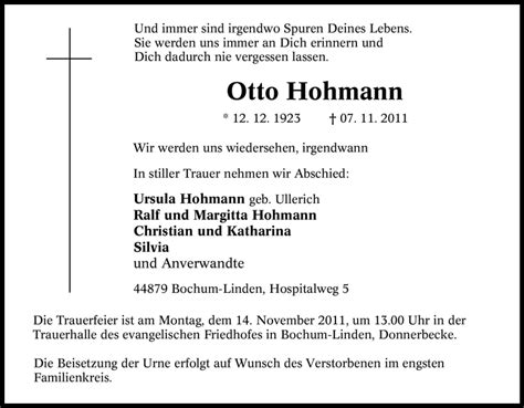 Traueranzeigen Von Otto Hohmann Trauer In Nrw De