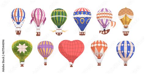 Hot Air Balloons Set Aerial Baloon With Basket In Flight Flying Airballoons Travel Hotair