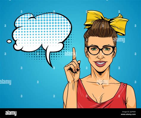 Pop Art Smiling Attractive Girl With Yellow Bow And Eyeglasses Pointing