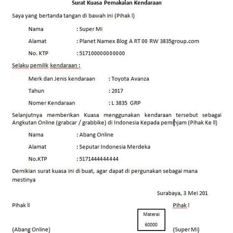 Detail Contoh Surat Kuasa Balik Nama Mobil Koleksi Nomer