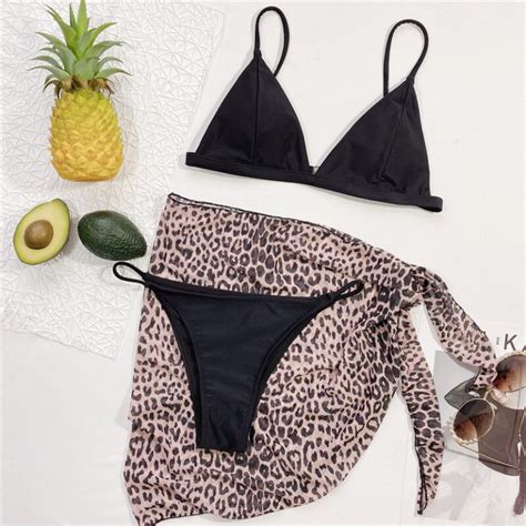 Three Pieces Bikini With Cover Up Swimsuit Women Swimwear Leopard Brazilian Bikini Bathing Suit