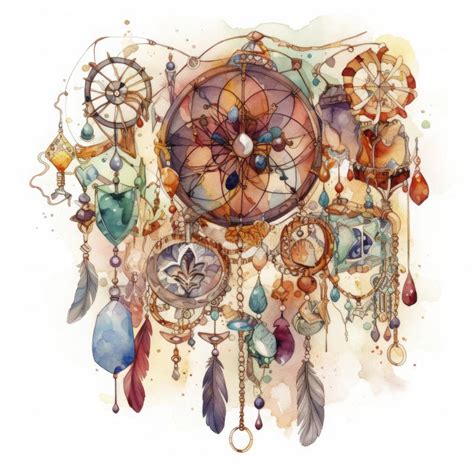 A Colorful Dream Catcher Set With Gems And Jewels White Background