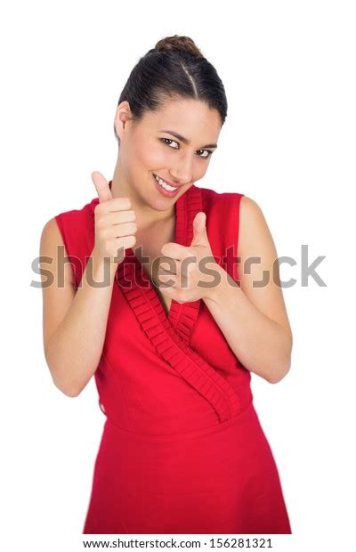 Cheerful Sexy Brunette Red Dress Thumbs Stock Photo Shutterstock