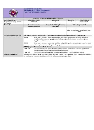 Rencana Pembelajaran Semester Rps Nama Mata Kuliah Kode Mata Kuliah