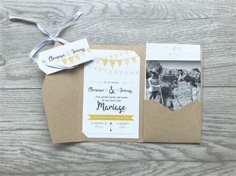 Faire Part Mariage Kraft Pochette Champ Tre Jaune Personnalis