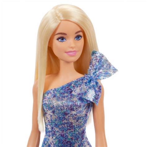 Barbie Blonde Hair Blue Eyes With Short Blue Sequins Mini Dress And Silver Platform Shoes 1 Ct