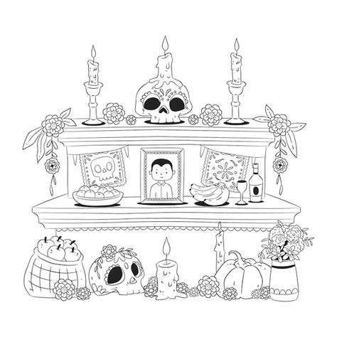 Dibujado A Mano Ilustración De Página Para Colorear De Altar De Muertos Vector Gratis