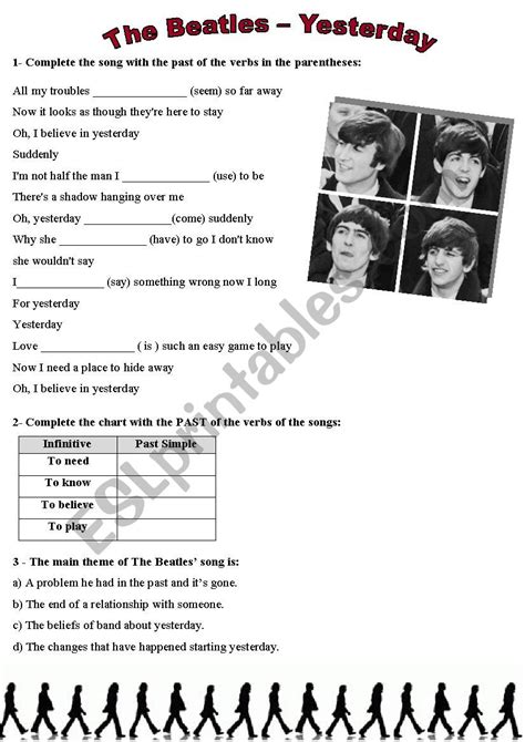 Song: Yesterday - The Beatles (simple Past) - ESL worksheet by dany ...