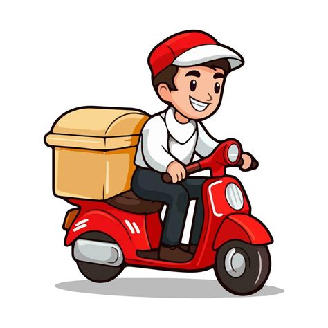 Delivery Man Riding A Red Scooter Isolated On White Background Food