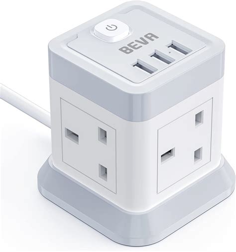 Extension Lead Cube With USB BEVA 4 Way Power Strip With 3 USB Ports