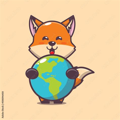 cute fox cartoon vector illustration hugging earth stock vector adobe