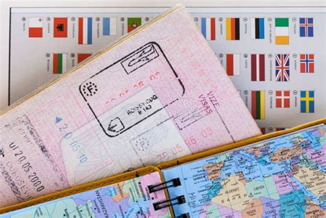 Travel Concept Background With Map Passport With Customs Entry Stamps